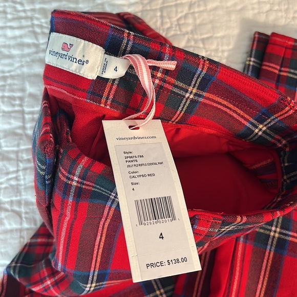 NWT Vineyard Vines Jolly Plaid Ruffle Cocktail Pant Calypso Red - Picture 2 of 8